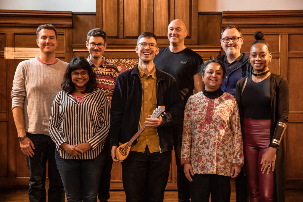An image of the 1st cohort of Music Patron composers, with me at the centre holding a baglama.