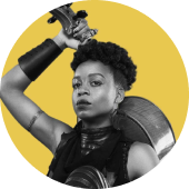 Black and white portrait of composer Ayanna Witter Johnson in a yellow circle. Ayanna's right arm is bent backwards, holding a double bass behind her back.